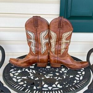 Frye Cognac Leather Western Heeled Boots with Cream Stud Accents